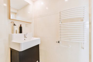 Evdeki çağdaş tuvaletteki aynanın altındaki duvarda musluk ve sıvı sabun asılı.