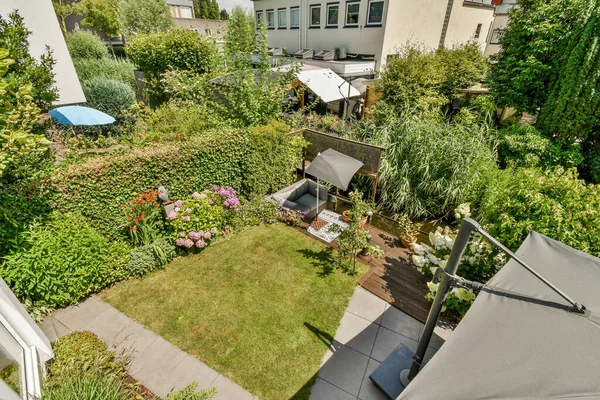 Simple small patio with small garden near wooden fence
