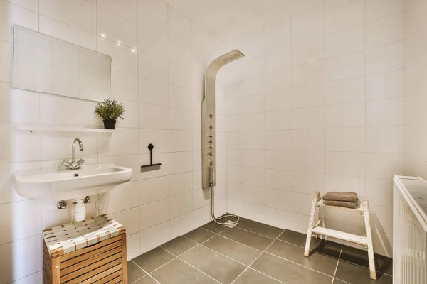 Sinks Mirrors Shower Box Glass Door Modern Bathroom White Tiled — Foto Stock