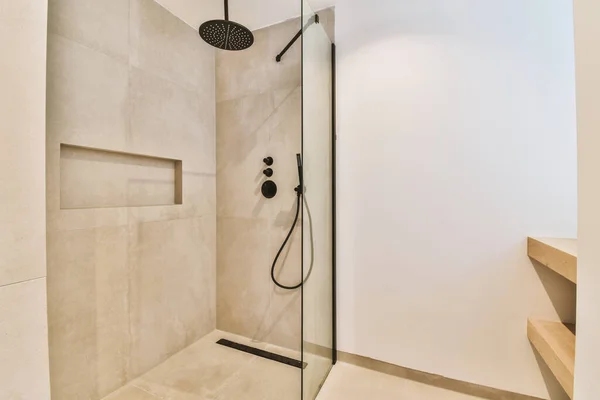 Sinks Mirrors Shower Box Glass Door Modern Bathroom White Tiled — Photo