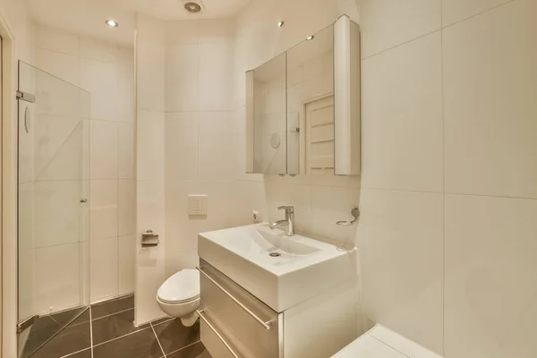 舒适的浴室室内 有矩形镜子 卫生间有干净的水池 — 图库照片