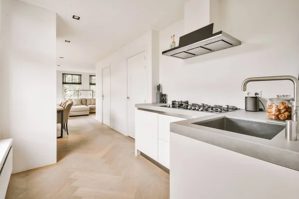 Contemporary Minimalist Style Interior Design Light Studio Apartment Wooden Table — Stock Photo, Image