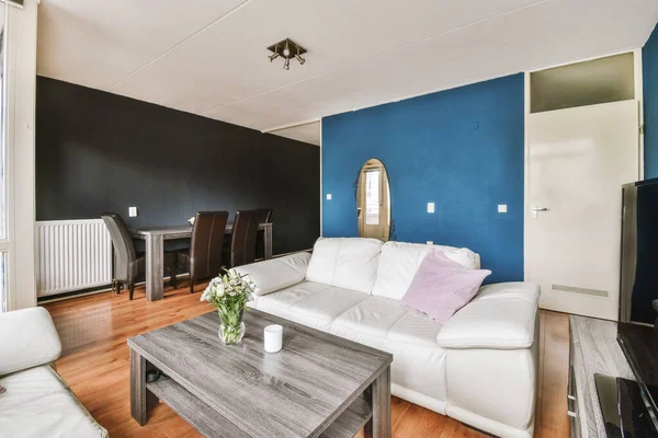 Square table placed on mat near couch and TV in stylish living room of contemporary apartment