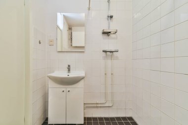 Lavabo ve aynalı dolap kapının yanındaki fayanslı duvara ve modern tuvaletteki kurutma tezgahına bağlı.
