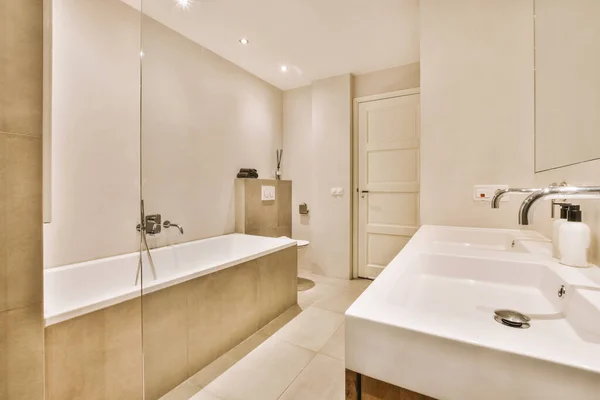 Sinks Mirrors Clean Bathtub Located Shower Box Glass Door Modern — Stock Photo, Image