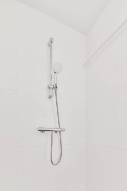 Duş muslukları cam bölmenin yanındaki fayanslı duvara bağlı ve evdeki tuvaletteki süs pervazı.