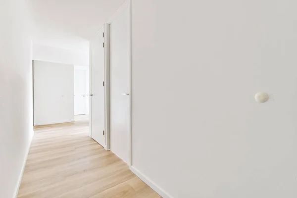 Interior of contemporary flat in minimal style with spacious hallway with white walls