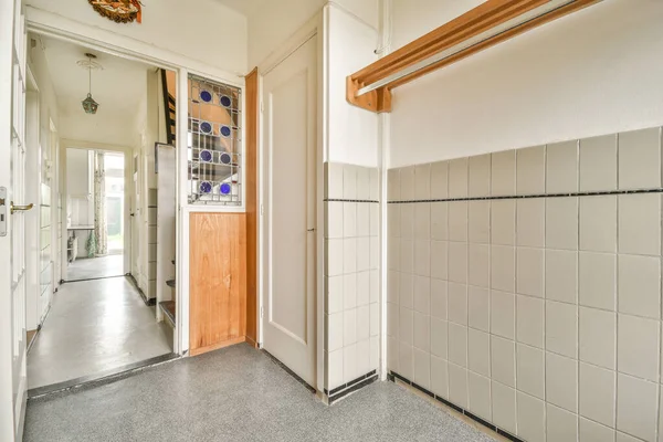 Corridor Contemporary Apartment Black Closets Opened Doorway Leading Terrace — Stock Photo, Image