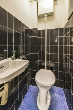 Dar duvarlı, lavabolu ve duvarlı, beyaz duvarlı ve kareli tuvaletin içi.