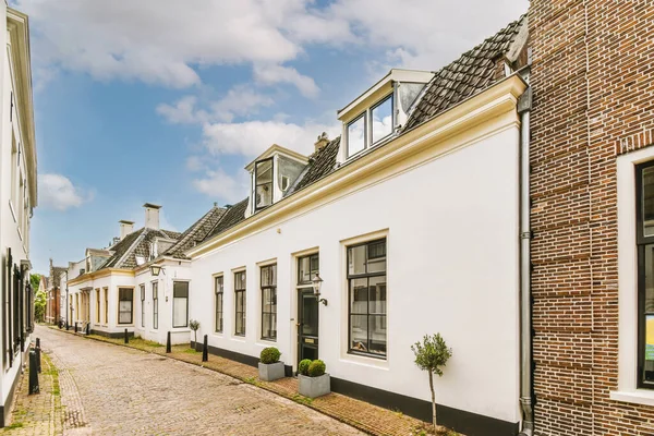 Panorama View Brick Houses Empty Sidewalk Street Trees Lanterns — Stock Photo, Image