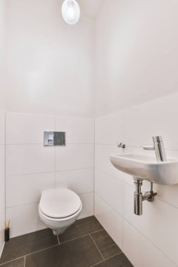 Duvara asılmış tuvalet ve köşedeki bej fayanslı lavabo.