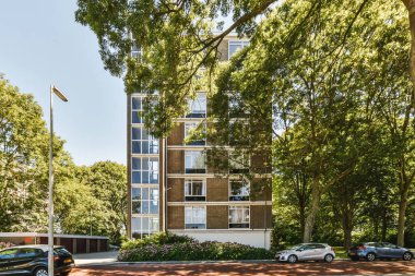 Arabaları, ağaçları ve fenerleri olan boş bir kaldırımdan panorama manzaralı evler.