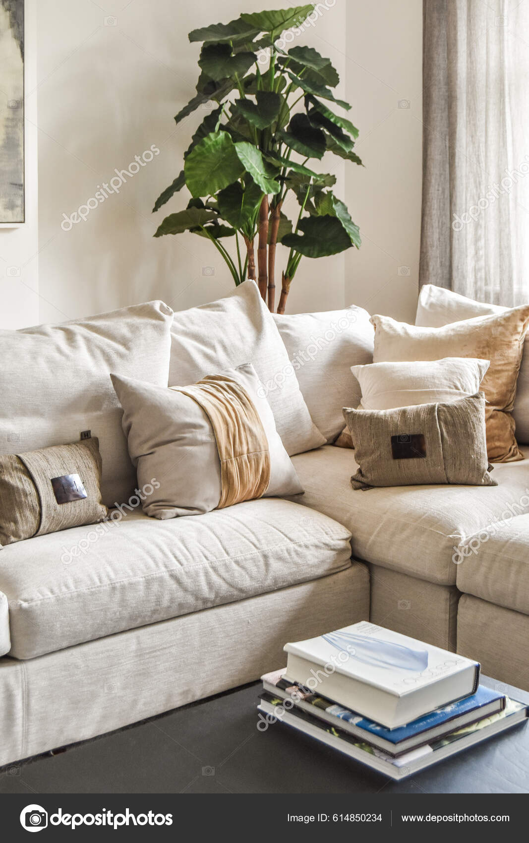 Cómodo Sofá Con Cojines Colocados Contra Pared Luz Con Decoraciones — Foto  de stock #614850234 © procontributors, image size:1067x1700