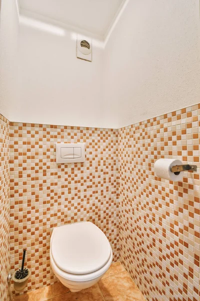 Duvarı Duvara Asılmış Beyaz Duvarları Kareli Zemini Olan Dar Tuvaletin — Stok fotoğraf