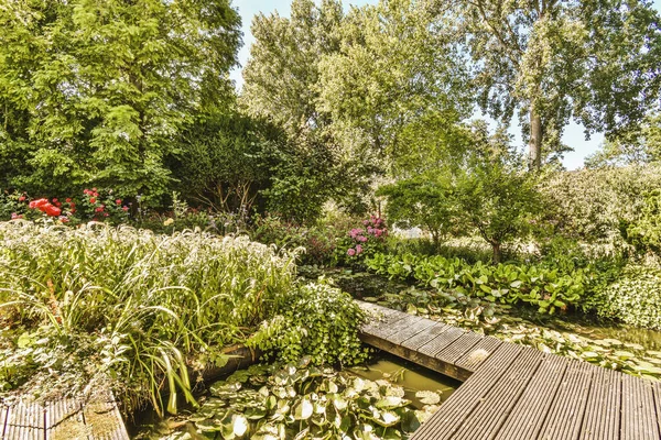 Limpio Patio Pavimentado Con Sala Estar Pequeño Jardín Cerca Valla — Foto de Stock