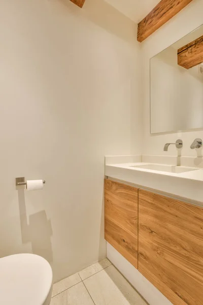Interior Narrow Restroom Sink Wall Hung Toilet White Walls Checkered — Stock Photo, Image