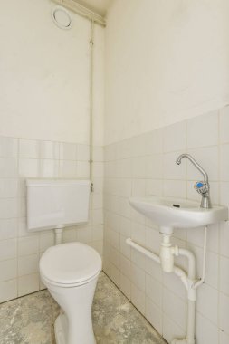 Tuvalet sifonu ve seramik lavabo beyaz fayanslı duvarlara yerleştirildi evdeki küçük tuvalet