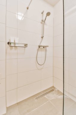 Duş muslukları cam bölmenin yanındaki fayanslı duvara bağlı ve evdeki tuvaletteki süs pervazı.