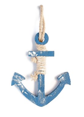 Wooden blue anchor isolated on white background