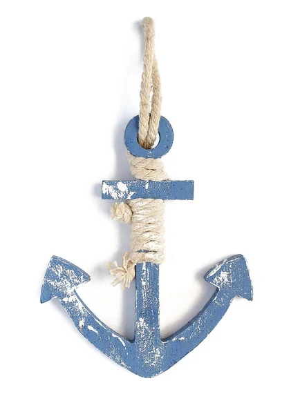 Wooden Blue Anchor Isolated White Background — Fotografia de Stock
