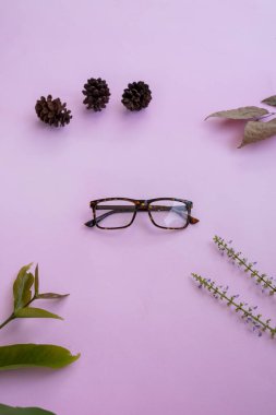 Moda ve güzellik anlayışı kare gözlüklerle yatar, pembe arka planda kadın aksesuarları..