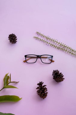 Moda ve güzellik anlayışı kare gözlüklerle yatar, pembe arka planda kadın aksesuarları..