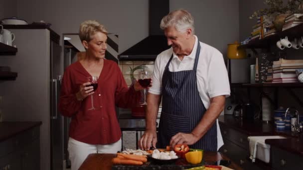 Caucásico ancianos pareja bebiendo vino en cocina — Vídeos de Stock