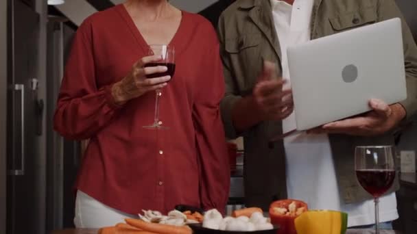 부엌에서 술을 마시고 있는 백인 노인 부부 — 비디오