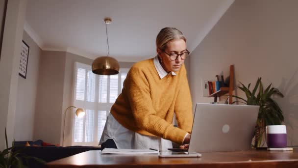 Καυκάσια γυναίκα που εργάζεται στο σπίτι χρησιμοποιώντας φορητό υπολογιστή — Αρχείο Βίντεο
