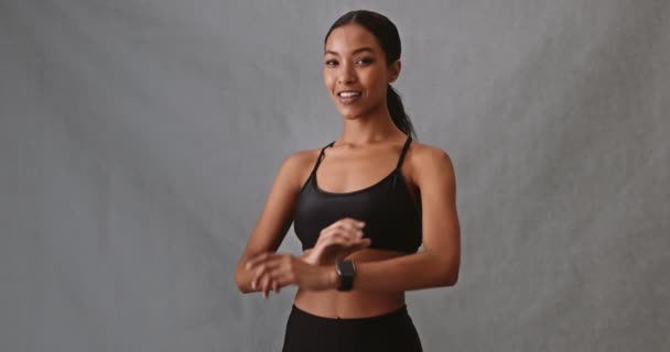 African Female Workout Clothing Crossing Arms Smiling Camera Studio High — Stockvideo