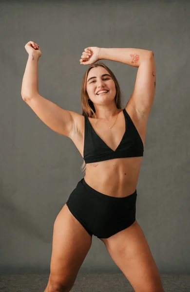 Energetic Caucasian Female Doing Her Dance Moves Her Underwear Studio — Φωτογραφία Αρχείου
