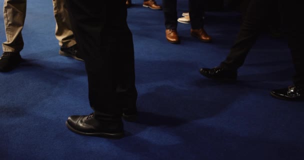 Άντρες Περπατούν Ένα Μπλε Χαλί Φορώντας Δερμάτινα Παπούτσια Στο Συνεδριακό — Αρχείο Βίντεο