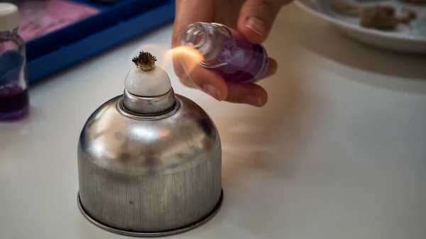 Close Bottle Being Sterilized Alcohol Burner Use Bacterial Cultures Medicine — 스톡 사진