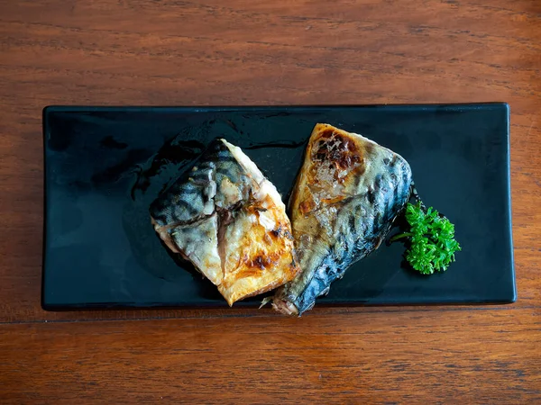 Japanese Food Style Grilled Saba Fish Dish Wood Table Top — Foto de Stock