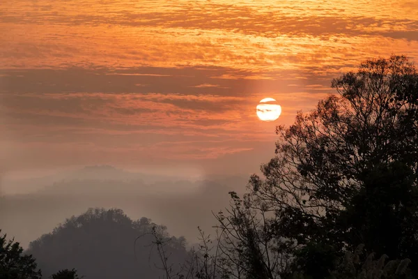 Pôr Sol Pico Montanha Com Nuvem Árvore — Fotografia de Stock