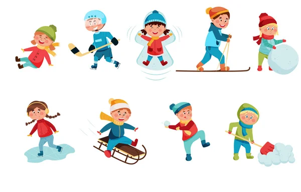 Actividades al aire libre durante el invierno con niños. Niño involucrado en deportes de invierno. Personajes de dibujos animados aislados sobre fondo blanco. Ilustración vectorial. — Vector de stock