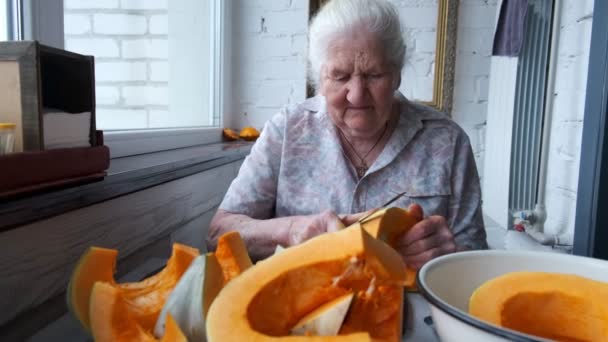 Yaşlı Kadın Keser Haplar Sarı Balkabağı Kabağı Çorbası Emeklilik Hayatı — Stok video