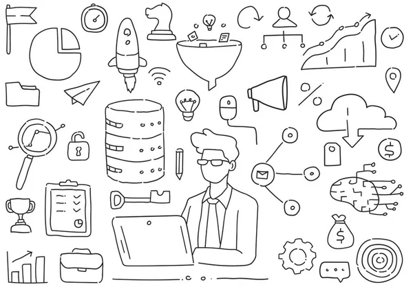 Büyük veri pazarının Doodle vektör illüstrasyon konsepti. Şirketlerden ve dijital medya kaynaklarından veri düzenleme, paylaşma, depolama, paraya dönüştürme
