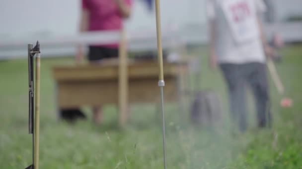 Launching a rocket glider model in a competition. Slow motion — Stock Video