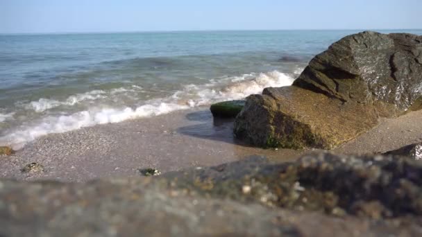Fale morskie rozbijają się o skałę na wybrzeżu — Wideo stockowe