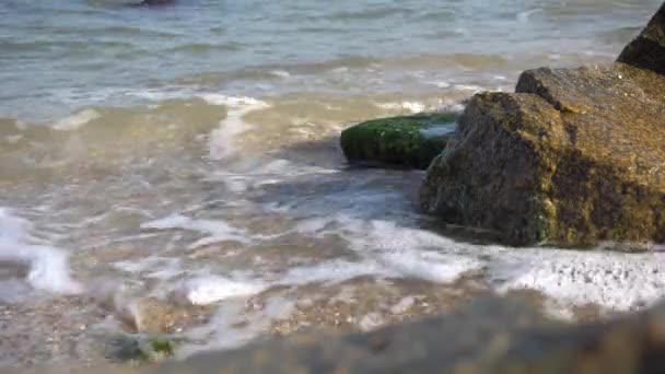 Морские волны врезаются в скалы на береговой линии — стоковое видео
