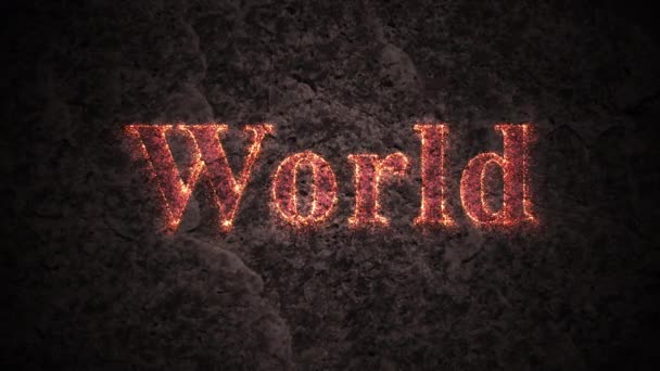 Texto Fogo Animado World Feito Partículas Fundo Escuro — Vídeo de Stock