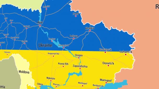 Κίτρινο Μπλε Χάρτης Της Ουκρανίας Σύνορα Και Πόλεις Και Αυτοκινητόδρομους — Αρχείο Βίντεο