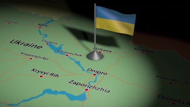 Map Ukraine Flag Country Fluttering Wind Animation — ストック動画
