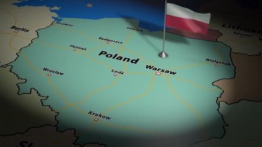 Rüzgarda dalgalanan ülke bayraklı Polonya haritası. Canlandırma 3B