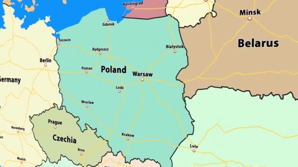 Polen Kaart Met Land Vlag Zwaaiend Wind Animatie — Stockvideo