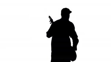 Beyaz zemin üzerinde bir bas gitarist silüeti