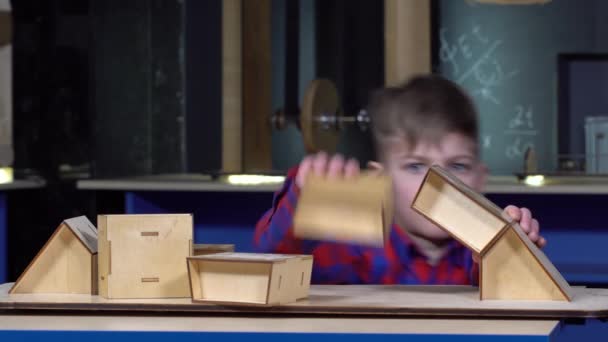 Boy Years Building Bridge Made Wooden Blocks — Stock Video