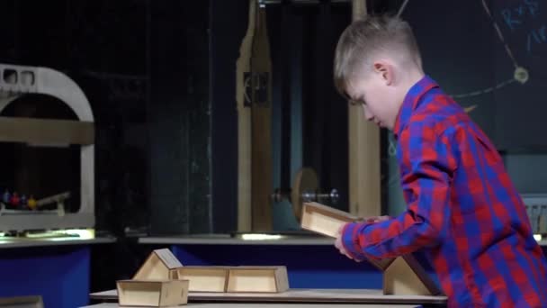 Boy Years Building Bridge Made Wooden Blocks — Stock Video