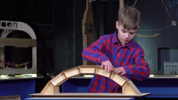 Boy Years Building Bridge Made Wooden Blocks — Stock Video